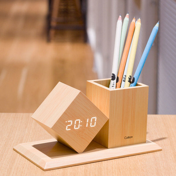 (ONE) Desk Alarm Clock Pencil Holder Date Temperature