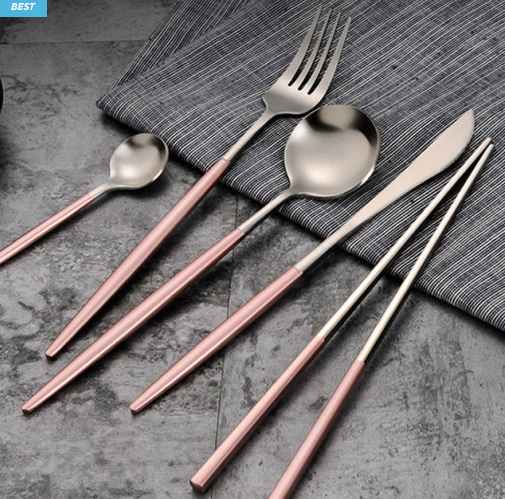 (One) [6 pcs]  Pretty stainless steel utensils[Complete set ]سيت ذهبي ملوكي عدد 6قطع جوبستك ثلاث ملاعق وشوكه وسكين مطعم  بثلاث الوان اسود ابيض بنكي