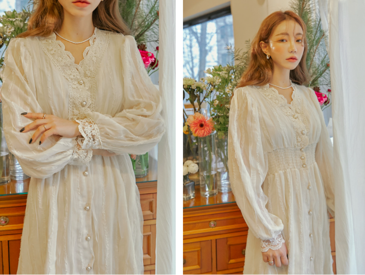 بدلة طويلة لمجموعة الخريف | (ONE) [DRESS] Glow Lace Pearl Button Banding Dress